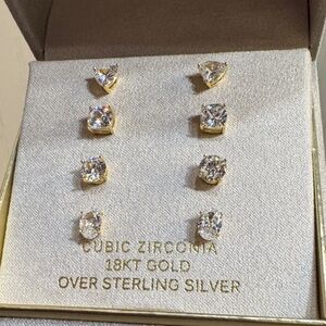Set of 4 Cubic Zirconia Stones Stud Earring with 18k Gold over Sterling Silver